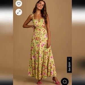 Lulu's Sweet Statement Chartreuse Floral Print Cutout Maxi Dress Size Large